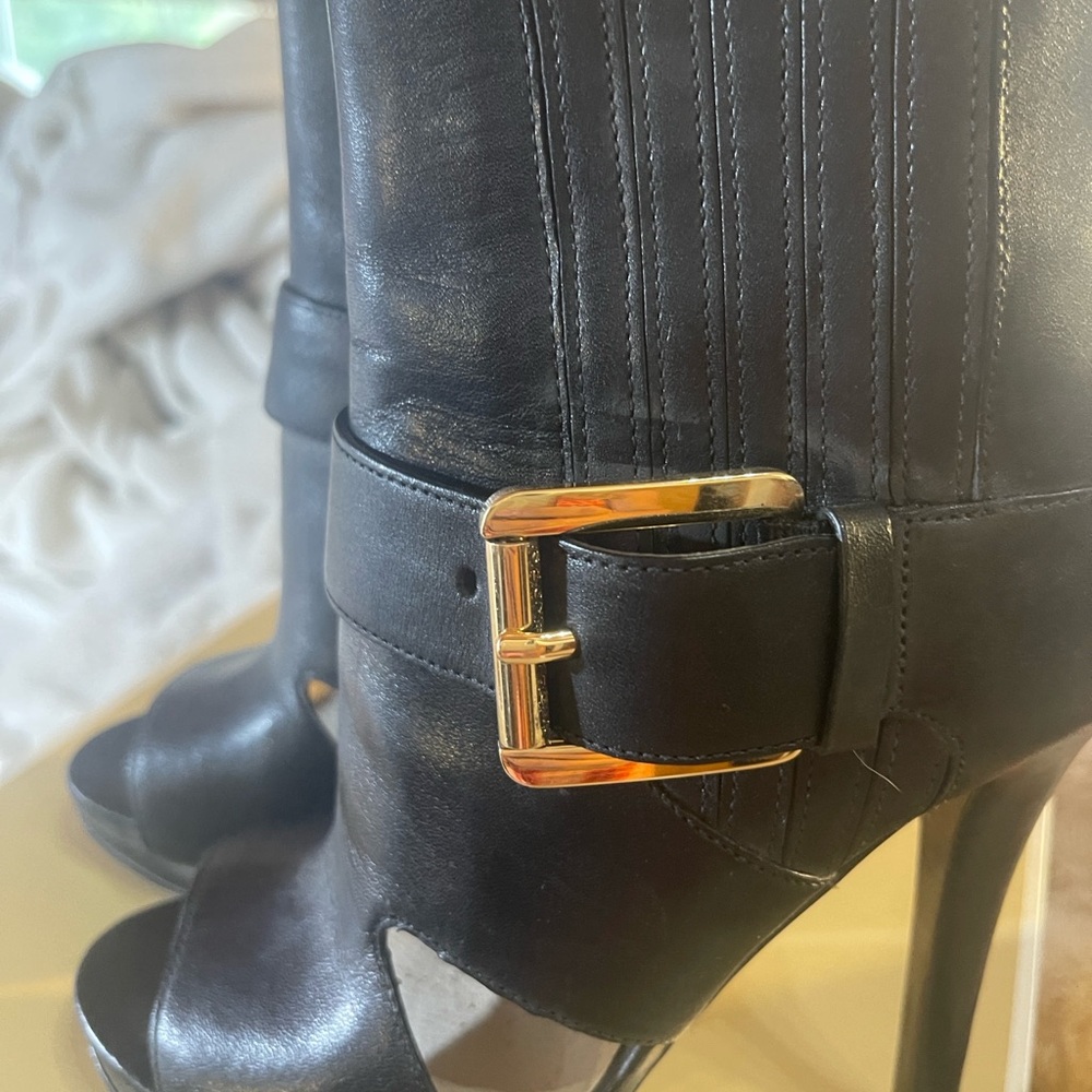 Michael Kors Black Leather Peep-Toe Ankle Booties with Gold Buckle Accent